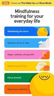 Screenshot of Headspace app showing a list of goals for mindfulness training and text which says Mindfulness training for your everyday life