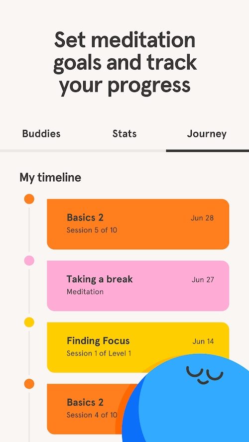 Screenshot of the Headspace app with a multicolored list of goals and text which says set meditation goals and track your progress