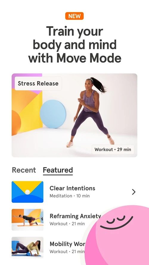 Screenshot of the Headspace app with a picture of a woman exercising in sports gear and a list of different workouts, with text which says Train your body and mind with Move Mode