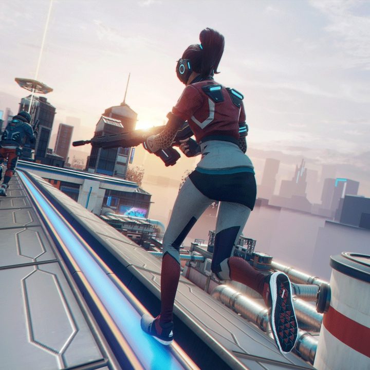 Hyper Scape player runs on a rooftop.