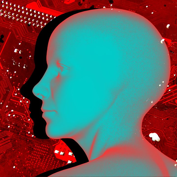 A render of a head resting on a computer chip.