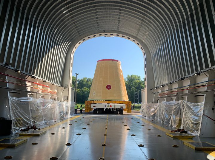 NASA’s Space Launch System (SLS) rocket’s launch vehicle stage adapter is loaded on the Pegasus barge