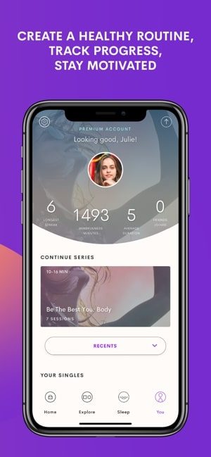 Screenshot of the Inscape app showing a user profile and progress tracking, with text which says create a healthy routine, track progress, stay motivated