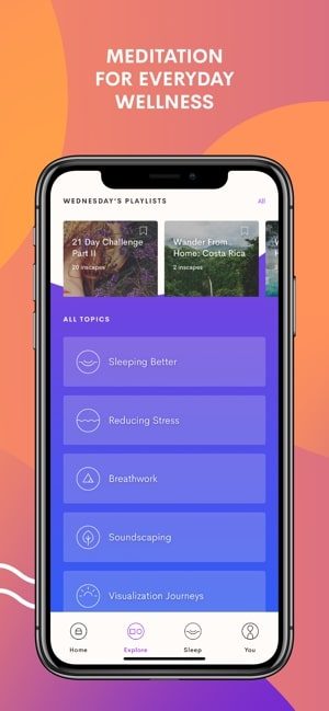 Screenshot of the Inscape app showing a list of meditations aimed at different goals, with text that says Meditation for everyday wellness
