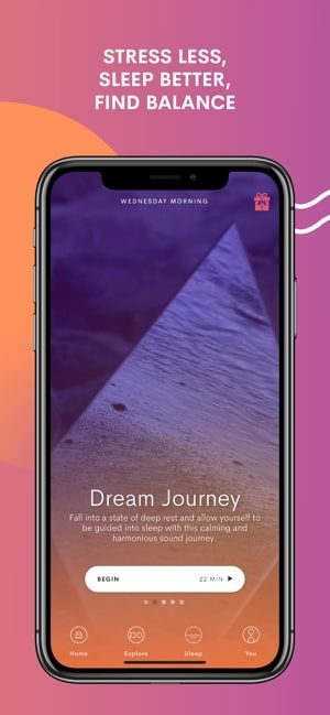 Screenshot of the Inscape mobile app with text that says Dream Journey - Stress less, sleep better, find balance