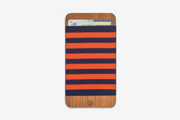 Photo shows an iPhone SE 2016 in a Jimmycase Wallet case with orange and navy stripes
