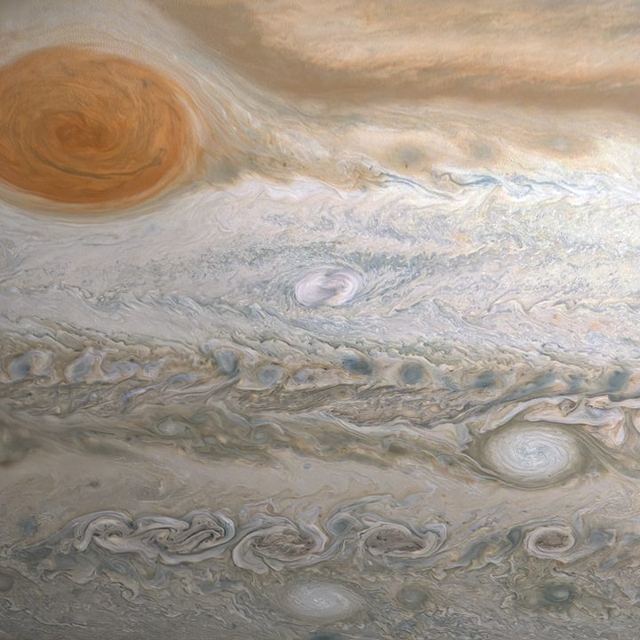 This image from NASA’s Juno spacecraft captures several storms in Jupiter’s southern hemisphere.