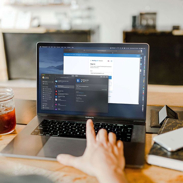 A laptop screen showing the 1Password password manager.