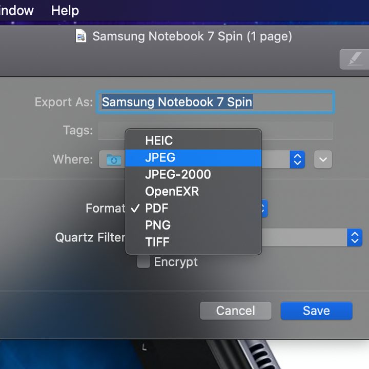 The Export to JPG option in macOS.