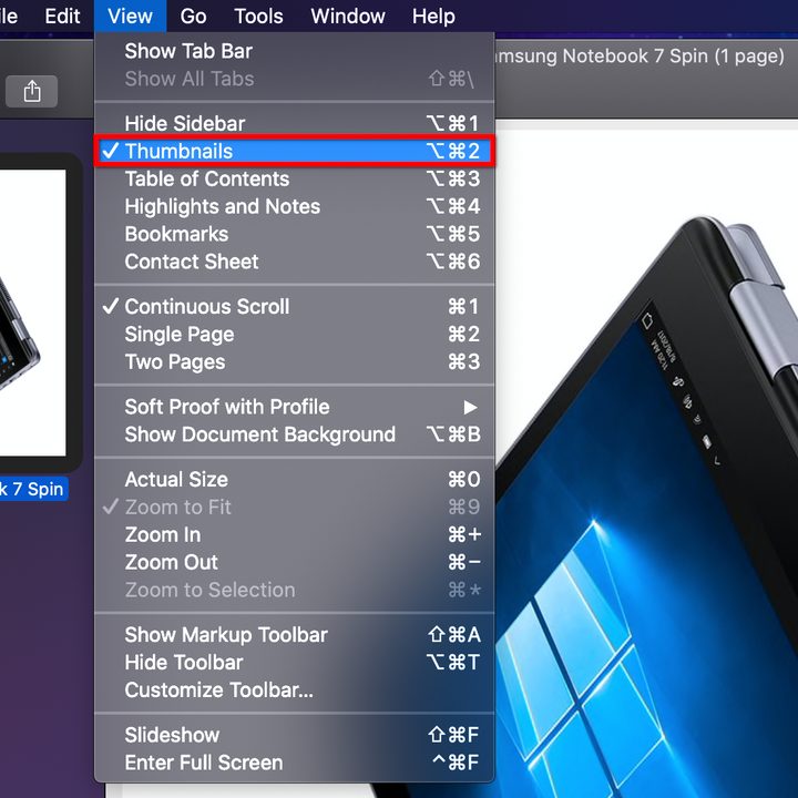 The Enable Thumbnails option in Preview for macOS.