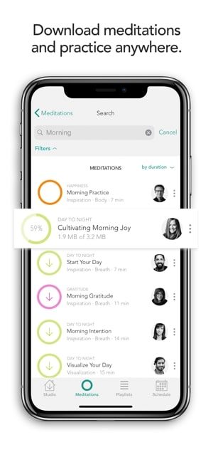 Screenshot of Meditation app showing option to download meditations and practise anywhere