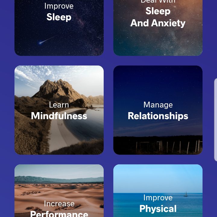 Screenshot of Meditopia app showing a selection of different goals such as learn mindfulness, improve sleep, etc.