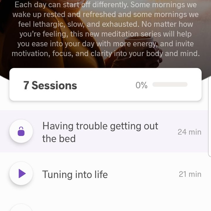 Screenshot of Meditopia App with the text "Starting Your Day" and a selection of videos to choose from in a list