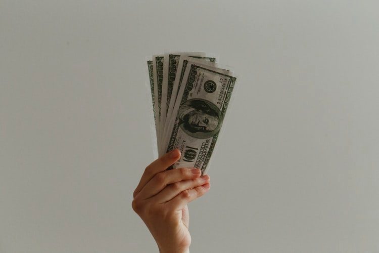 A hand holding money up in the air.