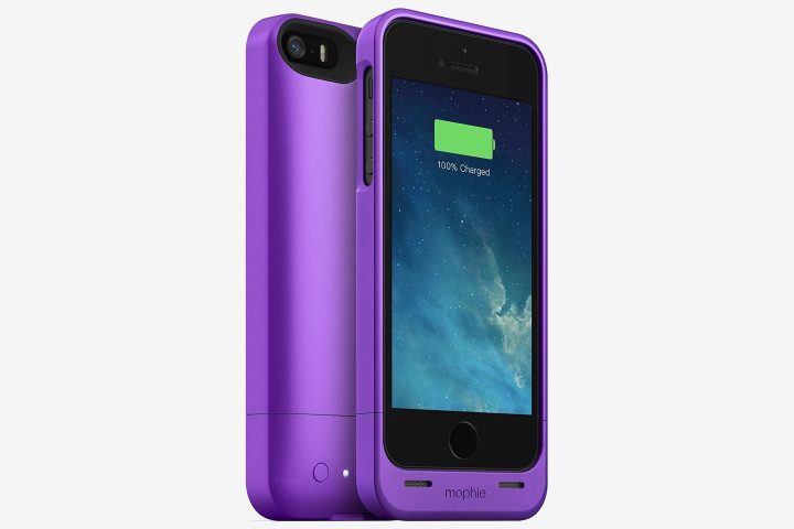 photo shows a Mophie Juice Pack case in purple on an iPhone SE (2016) phone