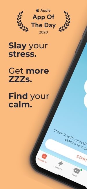 Screenshot of MyLife Meditation app showing text which says Apple App of the day 2020, Slay your stress, Get more Zzzs, Find your calm