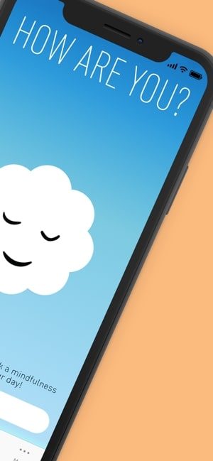 Screenshot of MyLife Meditation app showing a picture of a white cloud with a smiling face on a blue background and text which says How are you?