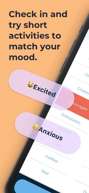 Screenshot of MyLife Meditation app with text that says check in and try short activities to match your mood