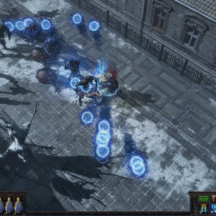 A street filled with blue portals.