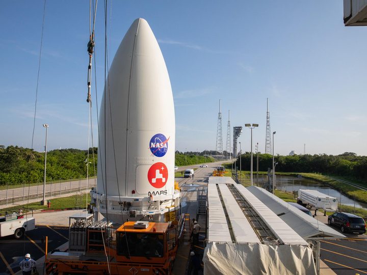The payload fairing, or nose cone, containing the Mars 2020 Perseverance rover