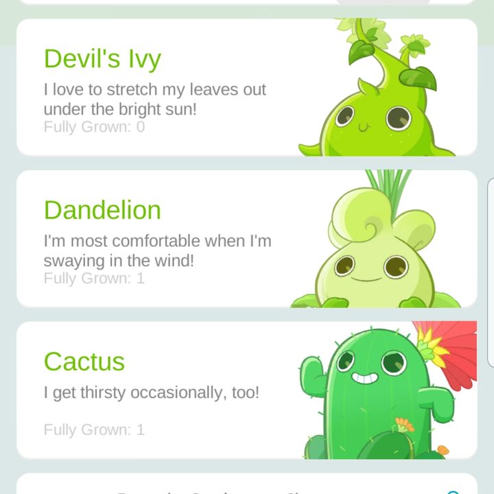 Screenshot of Plant Nanny app showing a list of the available plants you can get and pictures of them