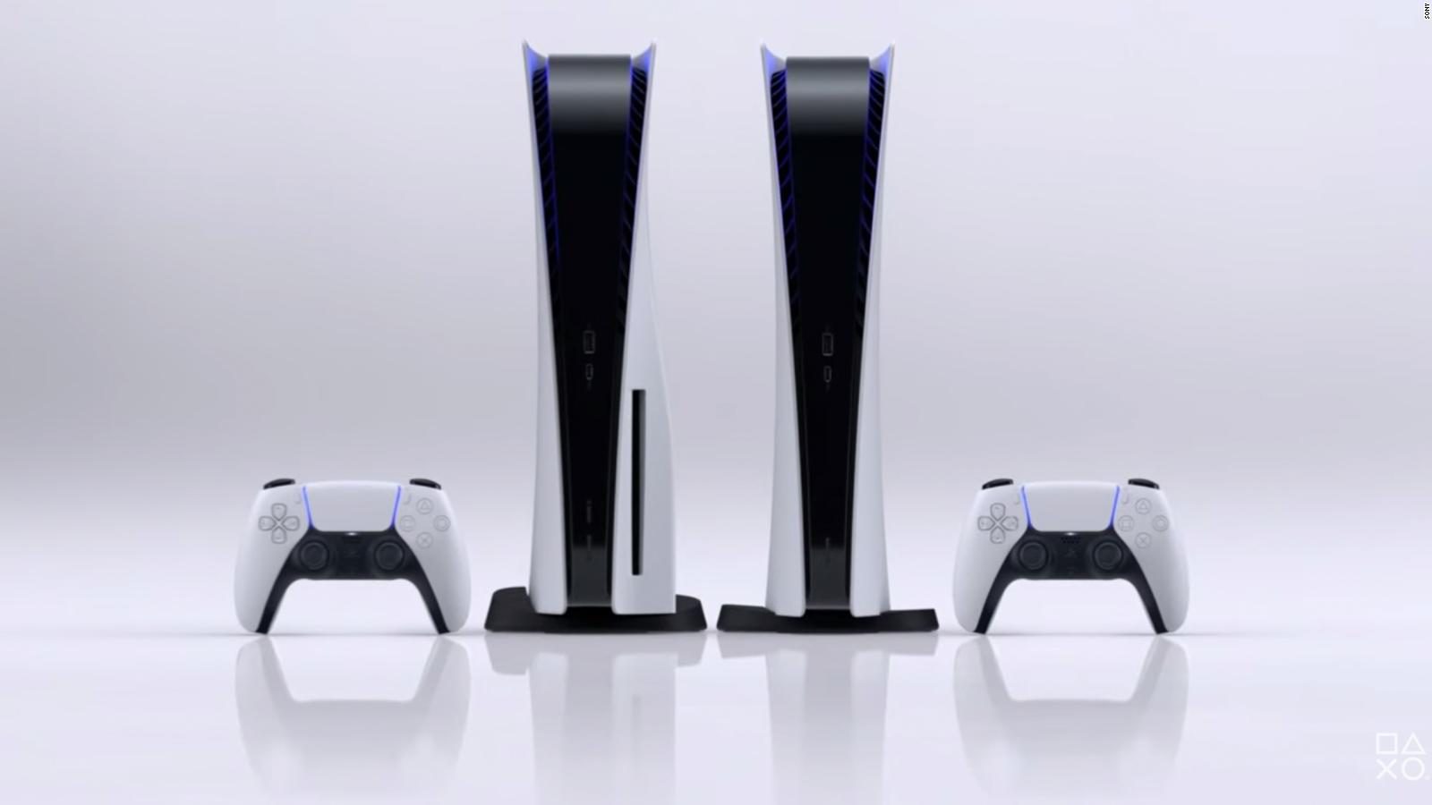 Two PlayStation 5 consoles with DualSense controllers.