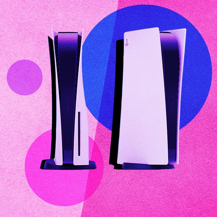 An illustration of two versions of the PS5 side by side.