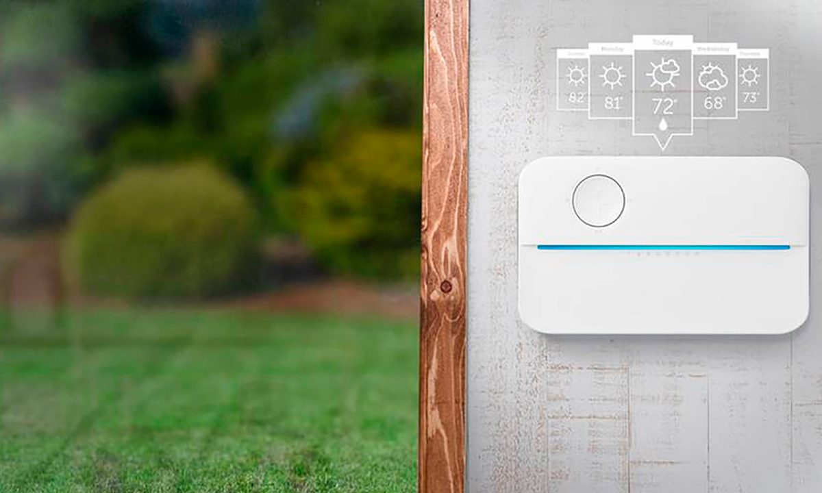 Rachio 3 sprinkler controller mounted on wall.