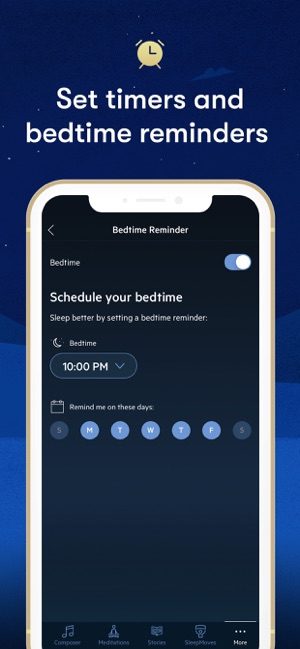 Screenshot of Relax Melodies app showing bedtime reminders and timers