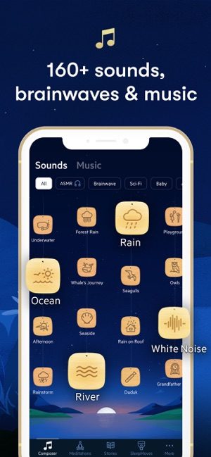 Screenshot of Relax Melodies app showing available sleep sounds