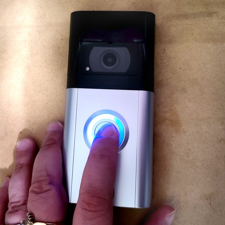 Ring Video Doorbell 3 with silver faceplate.