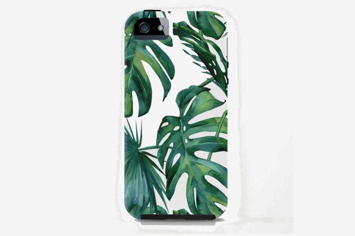 Photo of iPhone SE (2016) in a green tropical leaf print case
