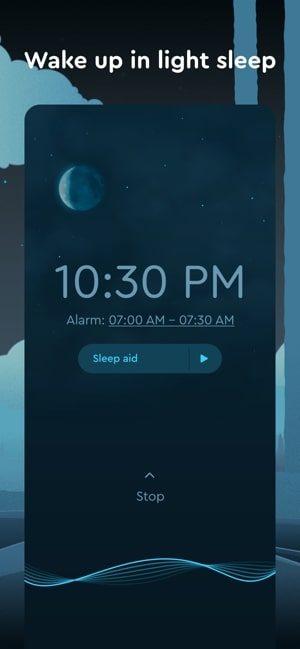Screenshot of Sleep Cycle app showing a clock set at 10.30pm and text saying 'Wake up in light sleep'