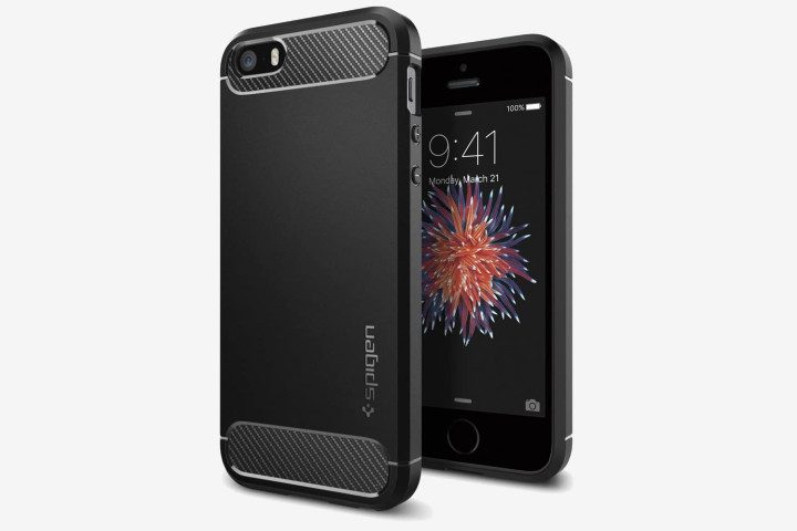 Photo shows iPhone SE (2016) in a black Spigen Rugged Armor phone case
