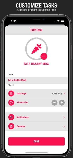 Screenshot of Streaks app saying 'Customize Tasks' and showing options for task customization for eating a healthy meal