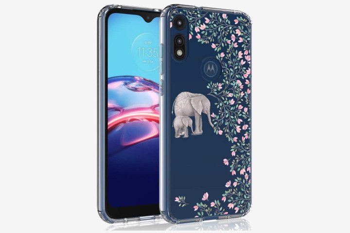 Photo shows the front and back of a Moto E (2020) smartphone with a clear case with an elephant and floral design on it