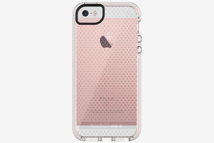 Photo shows iPhone SE 2016 in a Tech21 Evo Mesh case in clear/white