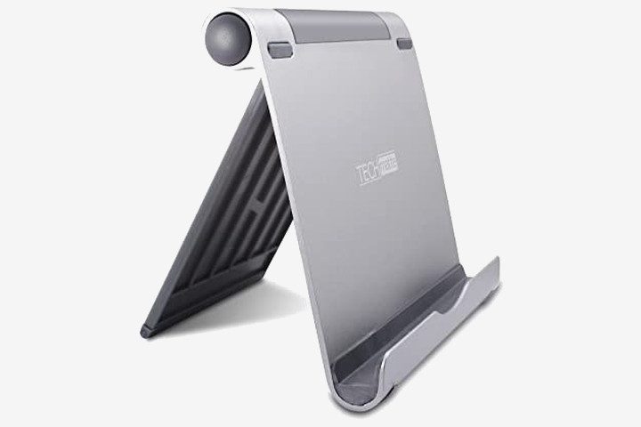 Photo shows a tablet stand from Techmatte in a brushed silver finish