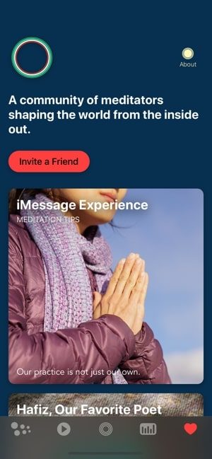 Image shows a screenshot of the Timeless Meditation app with a picture of a woman meditation with her hands together and text which says A community of meditators shaping the world from the inside outi