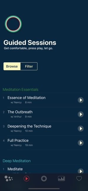 Image shows a screenshot of the Timeless Meditation app with the heading Guided Sessions and a list of different guided meditations to choose from