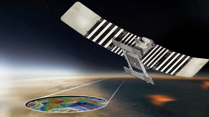 This artist's concept shows the proposed VERITAS spacecraft using its radar to produce high-resolution maps of Venus' topographic and geologic features.