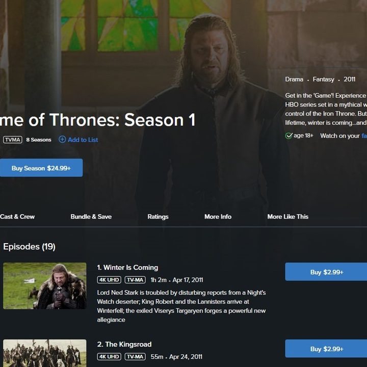 Game of Thrones available for purchase on Vudu.