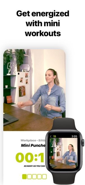 Screenshot of Wakeout app showing woman exercising at her desk and text saying Get organized with mini workouts