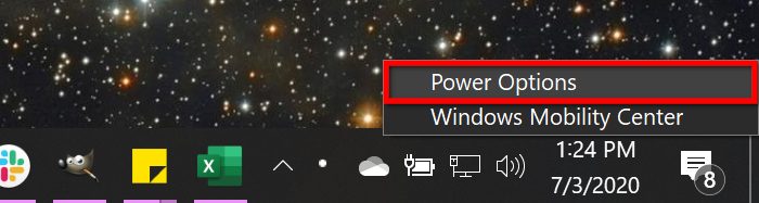 Windows 10 Taskbar Power Options