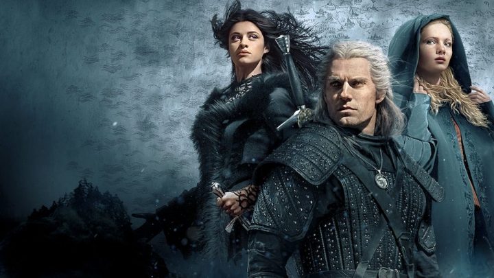 Character poster for The Witcher showing Yennefer, Geralt, and Ciri.