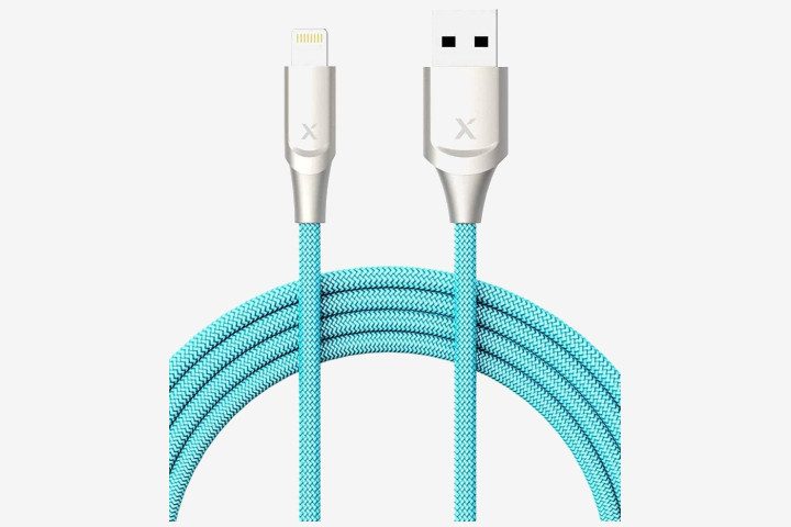 Photo shows an Xcentz lightning cable for the iPhone 11 in blue