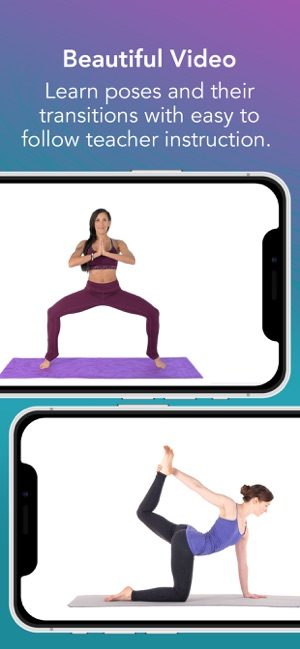 Screenshot of Yoga Studio app showing a woman doing yoga poses and text that says "Beautiful video - learn poses and their transitions with easy to follow teacher instruction"