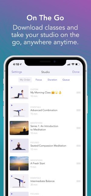 Screenshot of Yoga Studio app showing a list containing yoga videos and text saying "On the Go - download classes and take your studio on the go, anywhere, anytime"