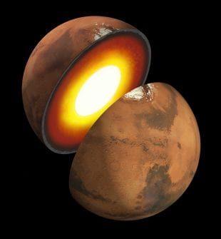 An artist’s impression of Mars’ inner structure. The topmost layer is the crust, and beneath it is the mantle, which rests on a solid inner core.