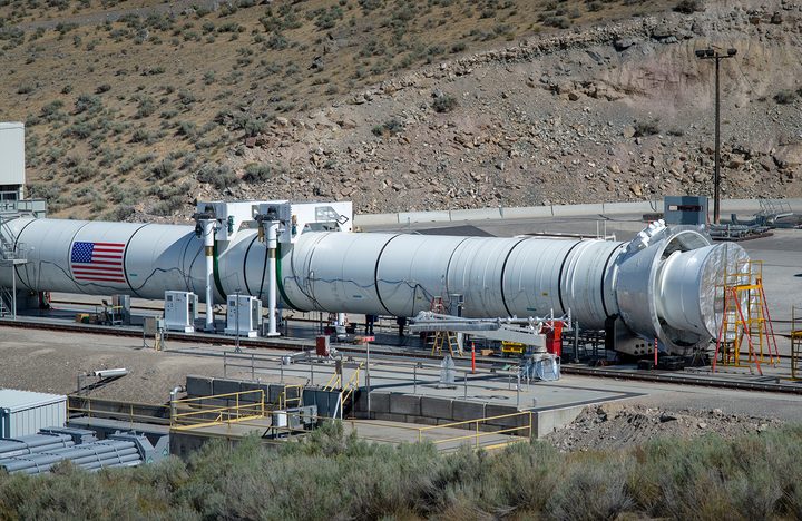 Teams have installed the flight support booster (FSB) for later versions of the solid rocket boosters on NASA’s Space Launch System (SLS) rocket into the test stand in Promontory, Utah.